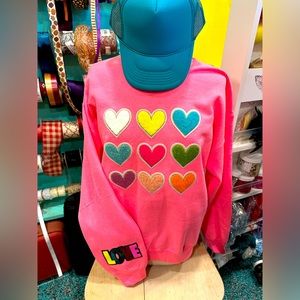 Chenille and sequin heart and love patch crewneck lg